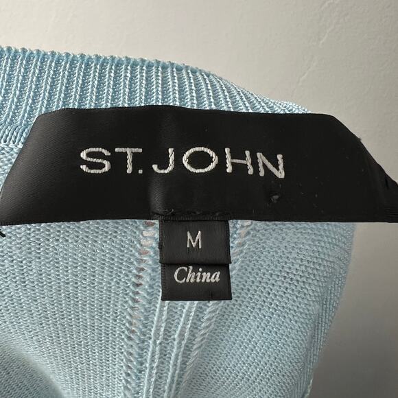 ST. JOHN Blue Cardigan Sweater Wool Button Front Ribbed Crew Neck Knit Sz Medium - Picture 7 of 9